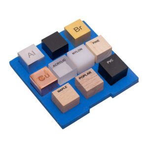 Educational density cube set with 10 one-inch cubes made of acrylic, aluminum, brass, copper, maple, nylon, pine, poplar, PVC, and steel for physics lab experiments
