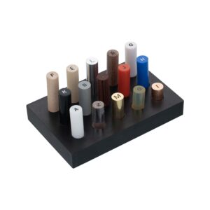 Density identification set with 15 cylindrical specimens of wood, plastic, and metal in a labeled storage base for physics lab experiments
