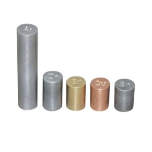 Set of five metal cylinders—aluminum, copper, brass, tin, and zinc—with equal mass for density and mechanics experiments in physics labs