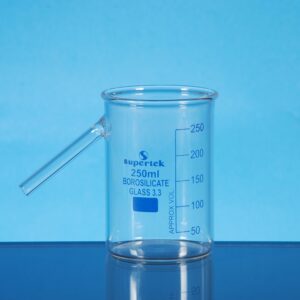 Graduated displacement vessel made of borosilicate glass with angled spout for density and Archimedes principle experiments